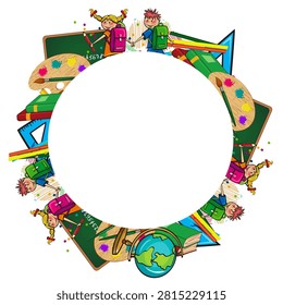 Back to school background frame with cute kids, school supplies, books, globes, and paint palettes surrounding a blank white circle copy space vector illustration