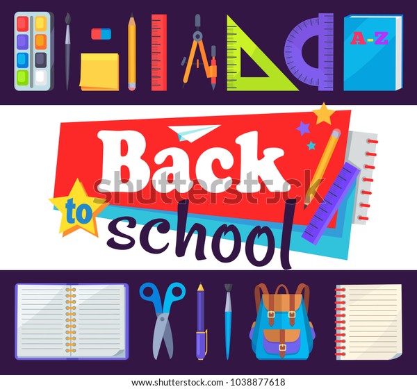 Back to school banner with learning accessories\
as bags, pens and pencils, different rulers, clock and compass\
divider  illustration\
sticker