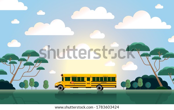 back to school, bus in the\
sunlight illustration with clouds and forest, cartoon, go to\
school.