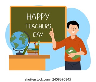 back to school child teachers day illustration with teachers stand pose front on the blackboard  - Powered by Shutterstock