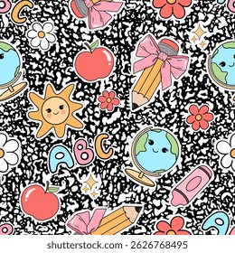 Back To School Composition Book Seamless Pattern, Retro Teacher Coquette Pencil Bows Digital Paper Background