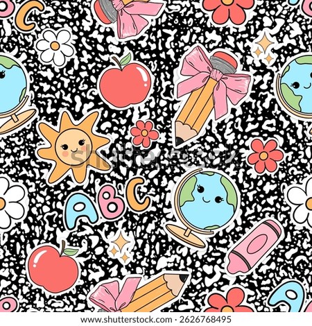 Back To School Composition Book Seamless Pattern, Retro Teacher Coquette Pencil Bows Digital Paper Background