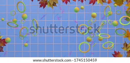 Back to school. Composition on a blue checkered background: bright maple leaves, colorful paper clips, flying rings and balls. Copy space. 3D illustration