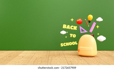 Back To School Concept With Chalkboard Background School Bag And Stationery Element Empty Copy Space Banner Cartoon 3d Illustration