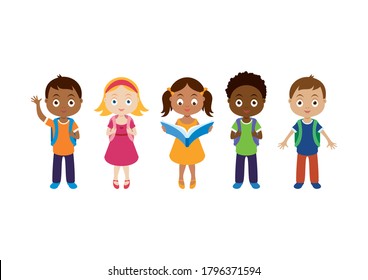 Back to school diverse children icon set. Happy kids of different races illustration. Group of school children cartoon character. Children in a row clipart. Cute multicultural kids icon set - Powered by Shutterstock