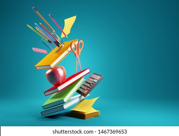 Back to school education background concept with falling and balancing school accessories and items. 3D render illustration. - Powered by Shutterstock