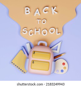 Back to school education background concept school backpack with school supplies. 3D render illustration.