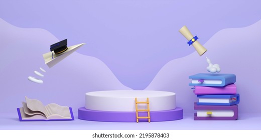 Back To School Education Background. Podium And School Accessories Theme. Marketing Time Banner Template. 3D Rendering.