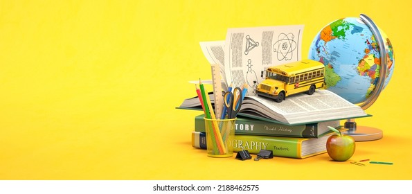 Back to school, education and learning concept. School  accessories, books and textbooks, school bus, pencils and globe. 3d illustration