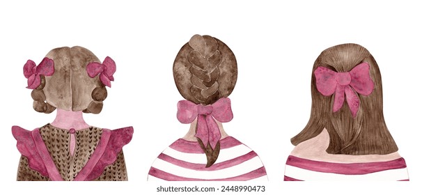 Back to school. Fashionable classmates. Portraits of girls with different hairstyles and clothes. Back view. Bright watercolor isolated illustration. Ideal for posters, cards and other decor - Powered by Shutterstock