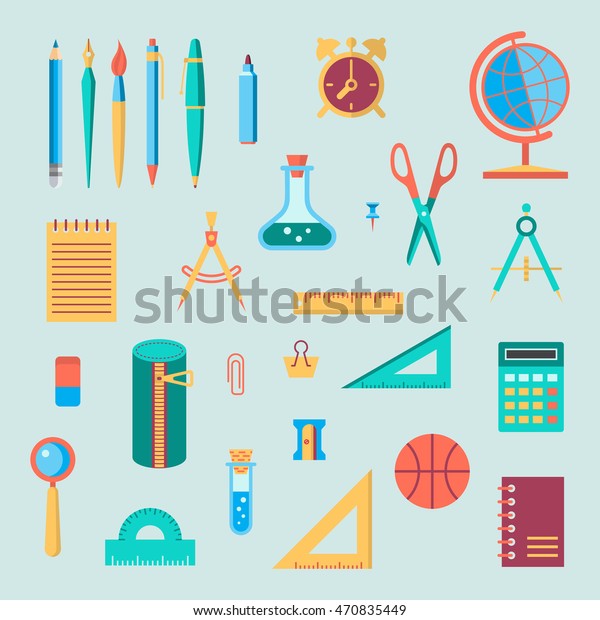 Back to school flat design modern\
color icon set. School supplies : schoolbook, notebook, pen,\
pencil, brush, scissors, ball, pencil case, globe, ruler\
etc.
