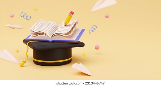 back to school graduation hat certification pen accessories icon 3d rendering..