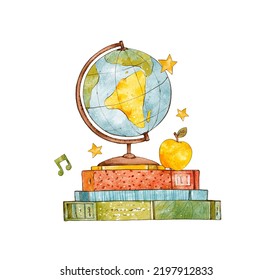 Back To School Illustration With Stack Of Books, Globe, Apple, Stars, Note. Watercolor Hand Drawn Back To School. Composition For Poster, Card, Holiday Decor