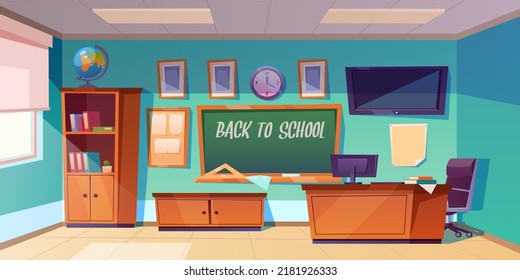 Back To School Poster With Empty Classroom With Teachers Desk, Green Chalkboard And Globe. Vector Cartoon Illustration Of Modern Room For Kids Education With Computer And Tv Screen On Wall