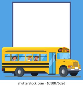 Back To School Poster With Icon Of Conventional-style Yellow School Bus Used For Student Transportation With Kids Sitting Inside  Illustration