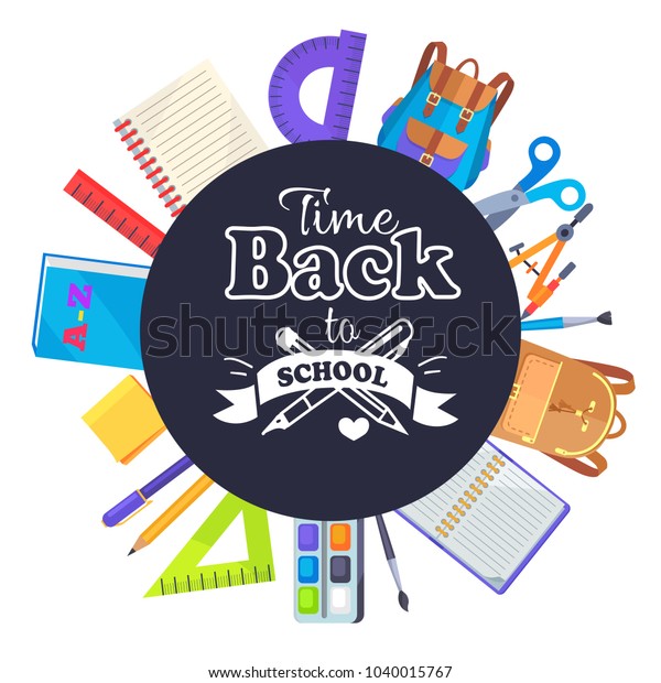 Back to school round banner with text isolated on\
black, surrounded by learning accessories as bags, pens and\
pencils, different rulers, clock\
