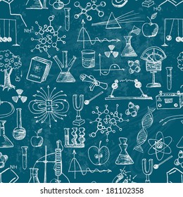 Back To School Seamless Background On Blackboard. Physics And Chemistry. Can Be Used For Wallpaper, Pattern Fills, Textile, Web Page Background, Surface Textures. 