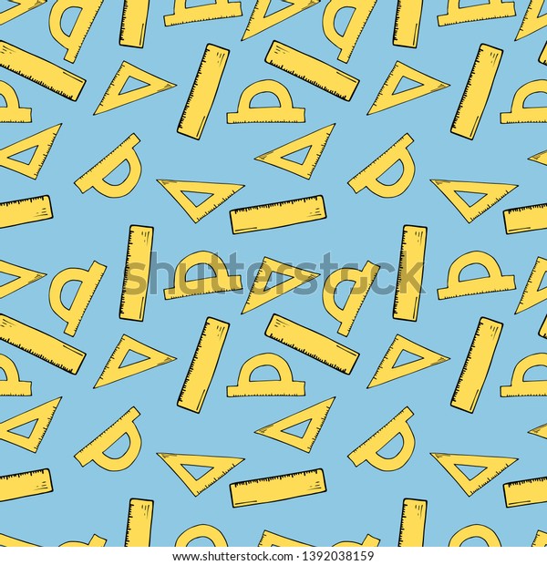 Back to\
school seamless pattern in cartoon style. Hand drawn illustration.\
Great for card, poster,\
print