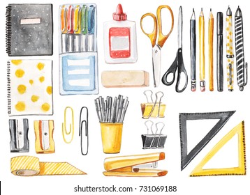 Back To School Set: Notebooks, Pens, Pencils, Scissors, Rules, Markers, Office Supplies.