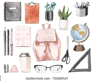 Back To School Set: Pink Backpack, Notebooks, Pen, Pencil, Scissors, Rule, Globe, Home Plants, Coffee, Glasses.