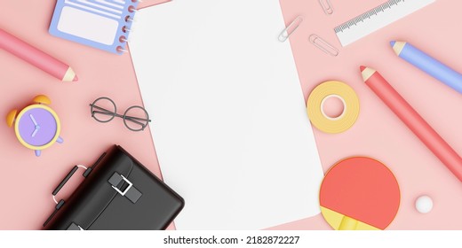 Back To School. Set Of Stationery And School Supplies. Top View Shot. 3D Rendering Illustration