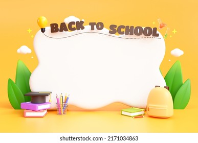 Back To School Stationery Education Banner Element Empty Copy Space Cartoon On Yellow Background 3d Illustration