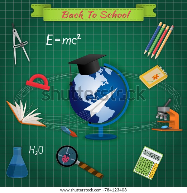 Back to school. School subjects around the\
globe on a green\
chalkboard