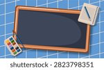 A back to school themed illustration featuring a blank chalkboard, a spiral notebook with a pen, and a watercolor paint palette on a blue grid background.