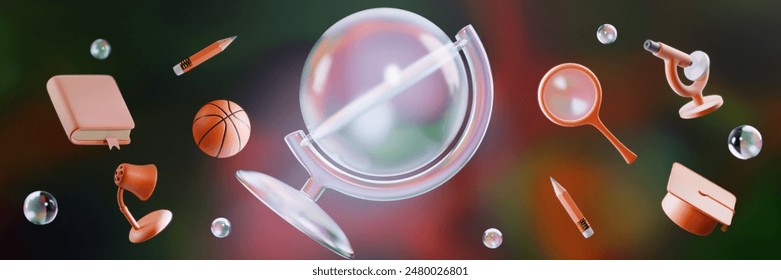 Back to school. Various educational objects around a glass globe. 3d rendering - Powered by Shutterstock