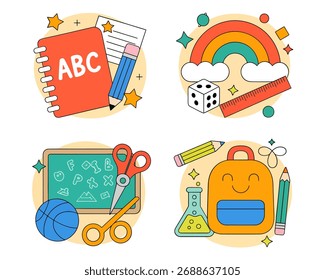 Back to School Vector Illustration Set — Cute Education Cartoon Design with Students, Books, and School Supplies on White Background