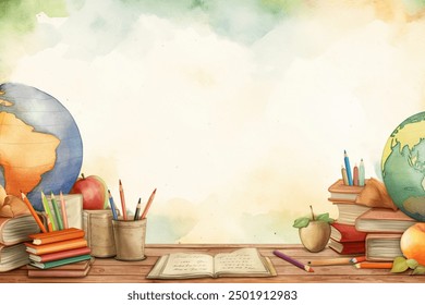 Back to school watercolor illustration of school globe and books with copy space, banner - Powered by Shutterstock