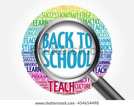 Back to School word cloud with magnifying glass, concept 3D illustration