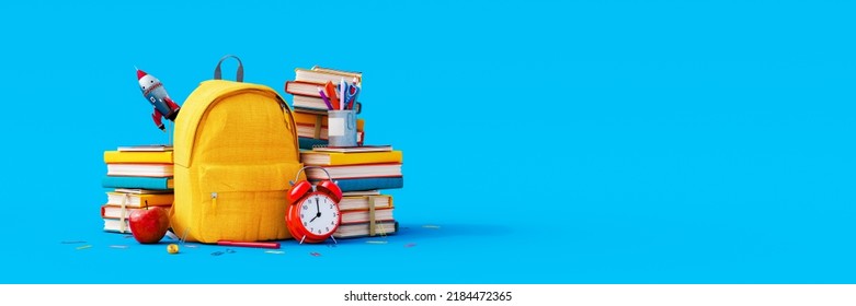 Back to school. Yellow backpack with books and school stuff on blue background 3D Rendering, 3D Illustration - Powered by Shutterstock