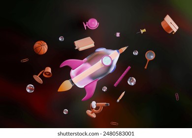 Back to school.A colorful rocket surrounded by various floating objects in space. 3d rendering - Powered by Shutterstock