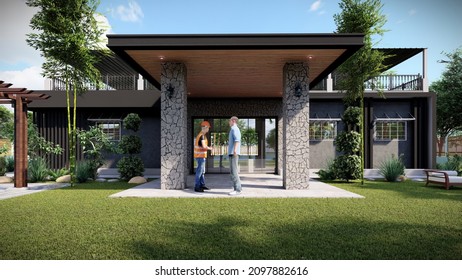 Back side view of entrance of building, architecture design of illustration lawn, spacious sunny, United States