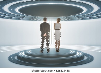 Back view of businessman and woman inside abstract teleportation sation. Future technologies concept. 3D Rendering