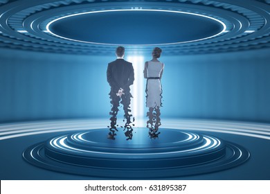 Back view of businesspeople inside abstract teleportation sation. Future technologies concept. 3D Rendering