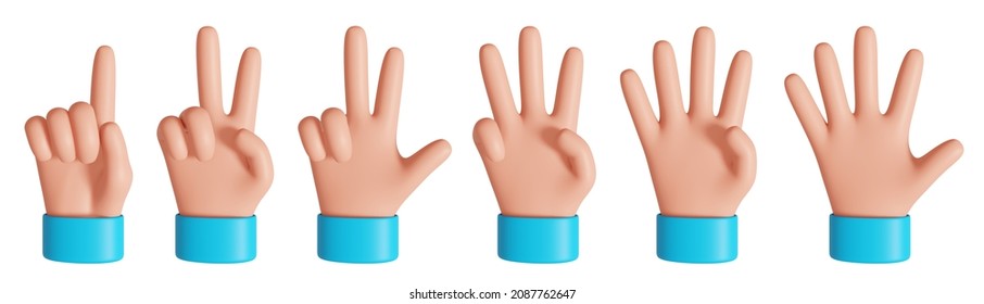 Back view cartoon hand showing fingers from one to five. Rating or countdown design elements. 3D rendered image.