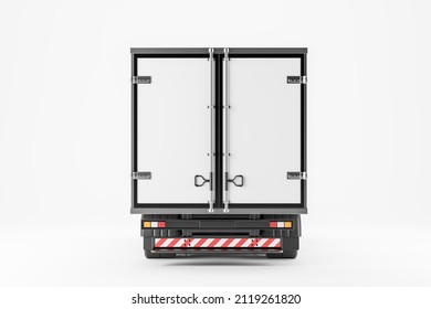 Back View Of Closed White Truck, Isolated Over White Background. Concept Of Shipment And Delivery. Mock Up Copy Space, 3D Rendering