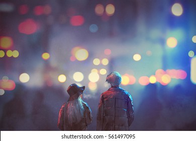 back view of couple in love walking on street of city at night,illustration painting - Powered by Shutterstock