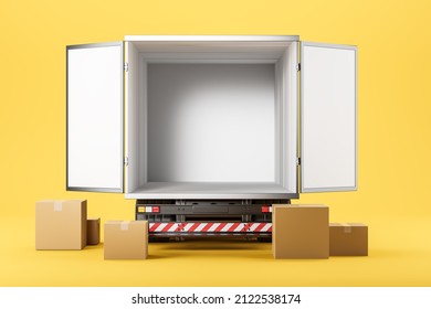 Back view of delivery van, empty trailer with cardboard boxes on the floor. Yellow background. Concept of shipment. Open truck with free space. Mock up copy space, 3D rendering