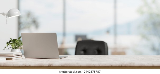 A back view image of a laptop computer on a white marble desk in a modern spacious office. workspace concept. 3d render, 3d illustration