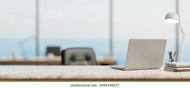 A back view image of a laptop computer on a white marble desk in a modern spacious office. workspace concept. 3d render, 3d illustration - Powered by Shutterstock