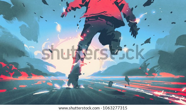 back view of man running with\
motion effect, digital art style, illustration\
painting