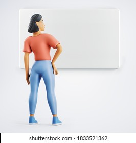 Back view of a poweful standing woman with hands on waist and looking on empty template mockup. 3d rendering