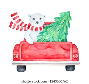 Back view retro pick up truck and smiling winter polar bear character carrying green Christmas tree  Blank red surface can be used as template for sign  message text  Hand painted water color 