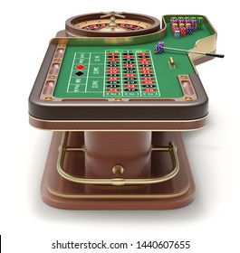 Back view of roulette table with chips, rack and roulette wheel - 3D illustration