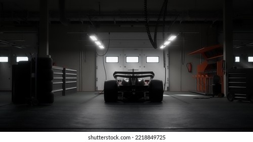 Back view silhouette of a modern generic sports racing car standing in a dark garage on a pit lane, cinematic lighting. Realistic 3d rendering. 3D Illustration