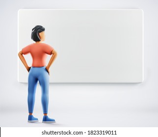 Back view of a standing woman with hands on waist and looking on empty template mockup. 3d rendering