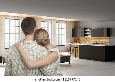 Back View Of Young European Couple In Modern Kitchen Interior. Real Estate, Mortgage And Dream Concept. 3D Rendering 